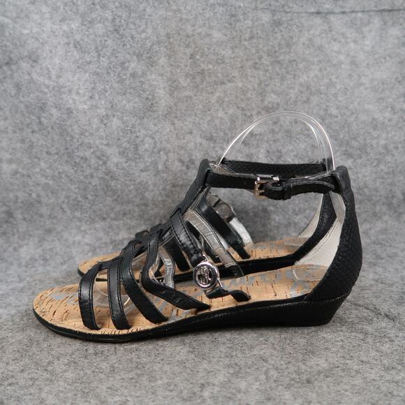 Sam Edelman Shoes Womens 7.5 Sandal Leather Caged Buckle Strappy Low Wedge Donna - Picture 3 of 12